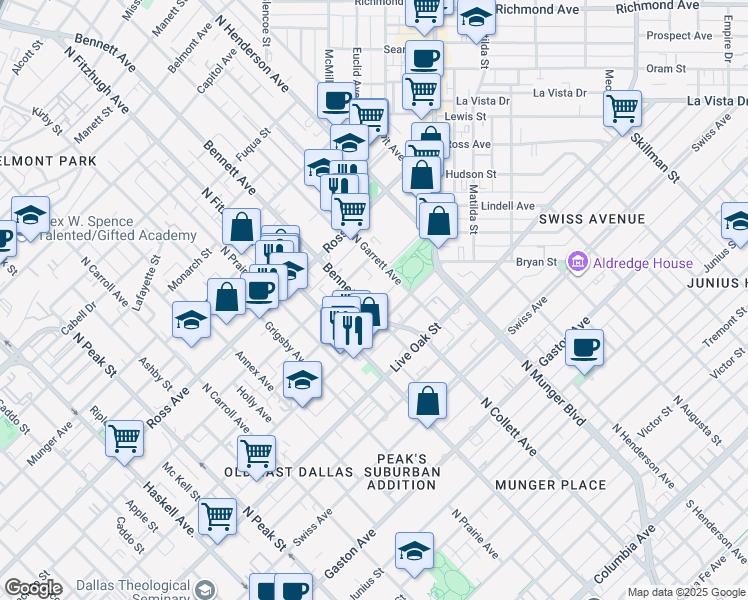 map of restaurants, bars, coffee shops, grocery stores, and more near 1414 Bennett Avenue in Dallas