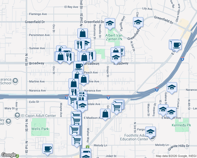 map of restaurants, bars, coffee shops, grocery stores, and more near 1363 Marline Avenue in El Cajon