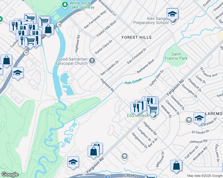 map of restaurants, bars, coffee shops, grocery stores, and more near 1925 Highland Road in Dallas