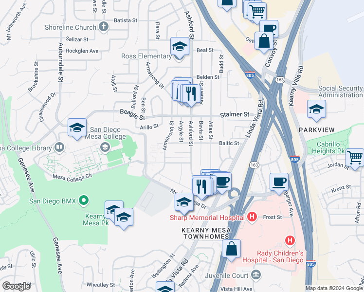 map of restaurants, bars, coffee shops, grocery stores, and more near 7465 Ashford Place in San Diego