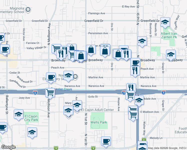 map of restaurants, bars, coffee shops, grocery stores, and more near 1122-26 Marline Avenue in El Cajon