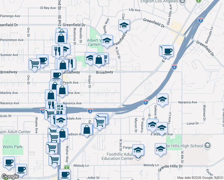 map of restaurants, bars, coffee shops, grocery stores, and more near 1471 Marline Avenue in El Cajon