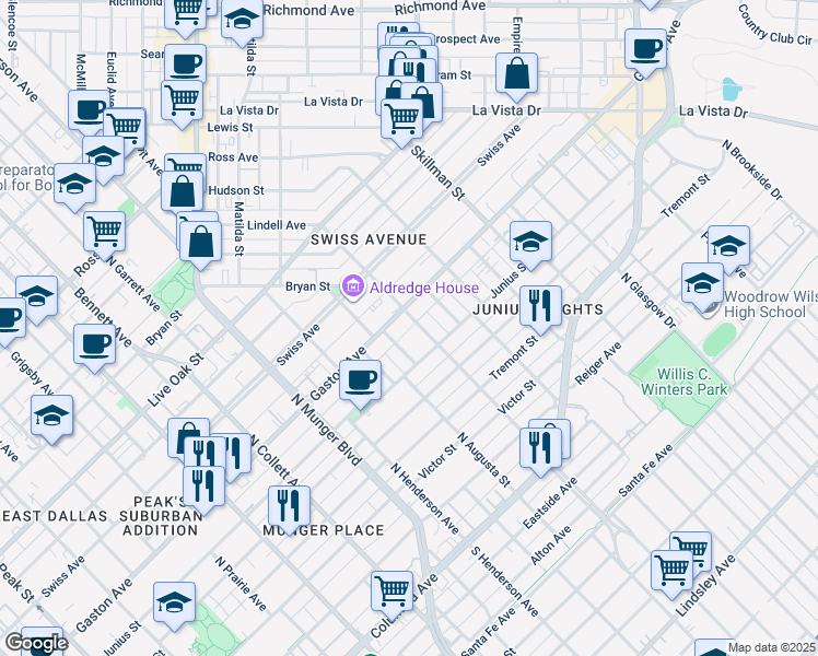 map of restaurants, bars, coffee shops, grocery stores, and more near 5520 Gaston Avenue in Dallas