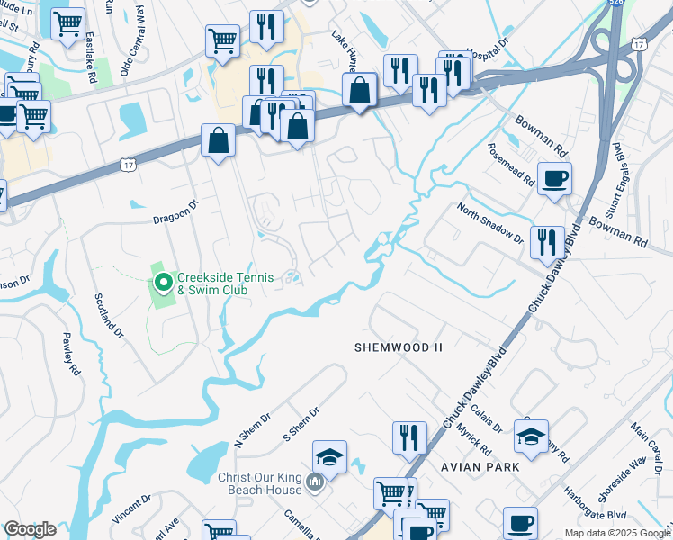 map of restaurants, bars, coffee shops, grocery stores, and more near 1054 Anna Knapp Boulevard in Mount Pleasant