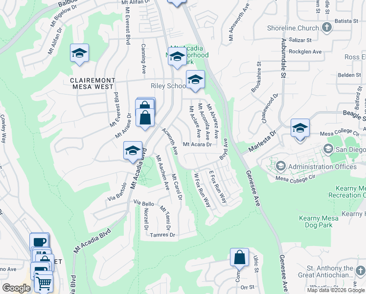 map of restaurants, bars, coffee shops, grocery stores, and more near 3528 Old Cobble Court in San Diego