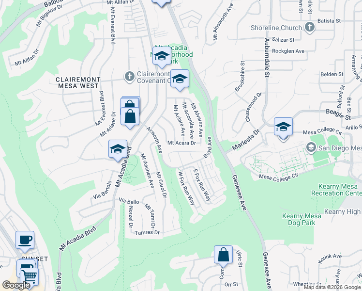map of restaurants, bars, coffee shops, grocery stores, and more near 5631 Mount Acara Drive in San Diego