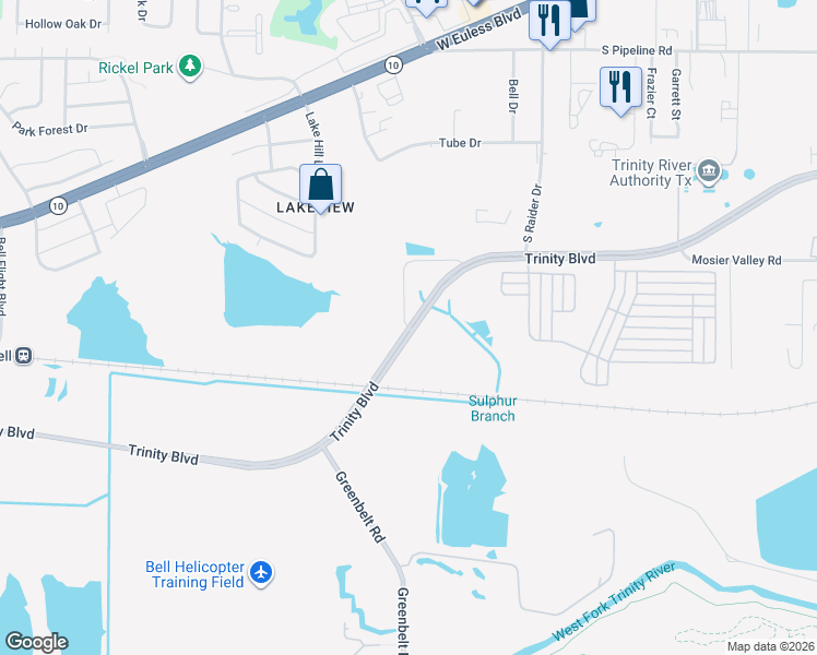 map of restaurants, bars, coffee shops, grocery stores, and more near 10899 Trinity Boulevard in Hurst