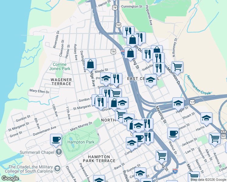 map of restaurants, bars, coffee shops, grocery stores, and more near 1061 King Street in Charleston