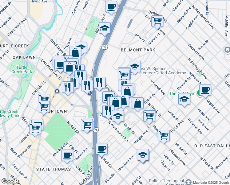 map of restaurants, bars, coffee shops, grocery stores, and more near 2530 North Haskell Avenue in Dallas