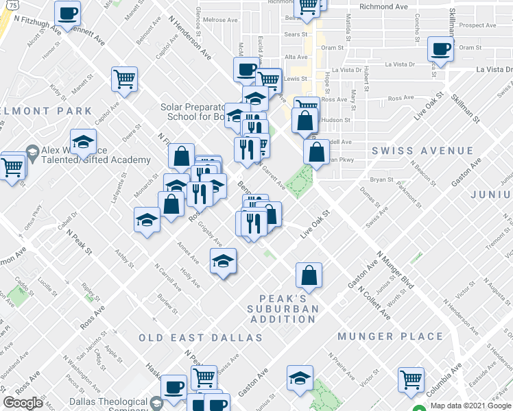 map of restaurants, bars, coffee shops, grocery stores, and more near Lexington Court in Dallas