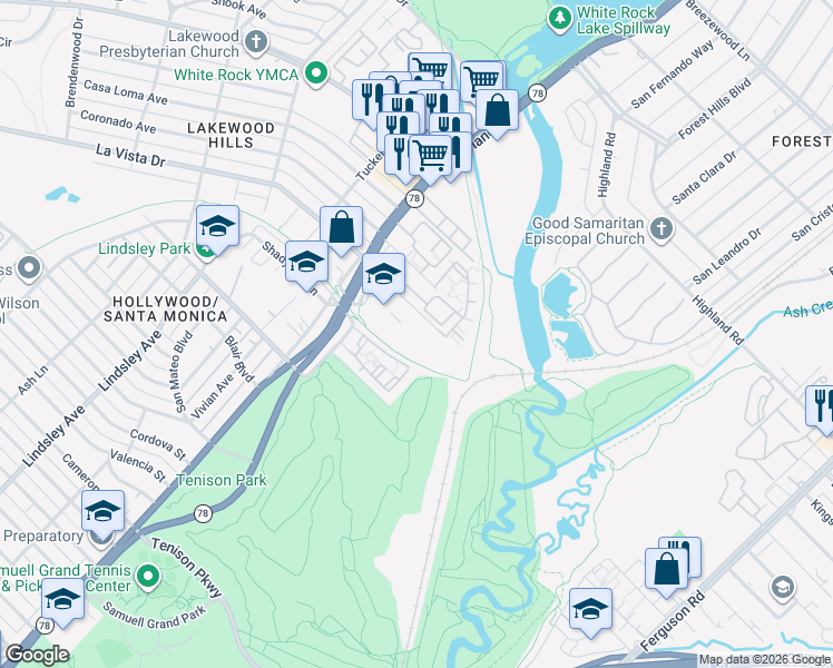 map of restaurants, bars, coffee shops, grocery stores, and more near 7440 La Vista Drive in Dallas
