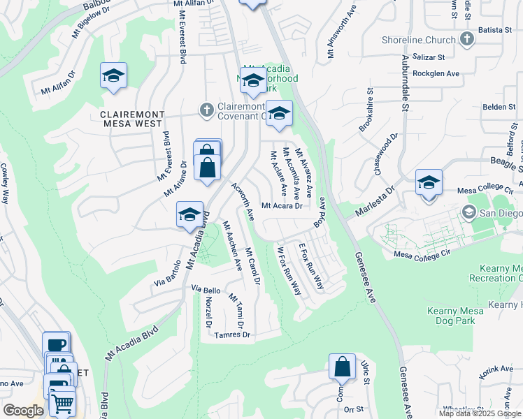 map of restaurants, bars, coffee shops, grocery stores, and more near 5581 Mount Acara Drive in San Diego