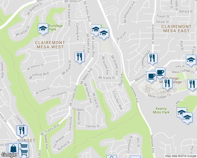 map of restaurants, bars, coffee shops, grocery stores, and more near 5581 Mount Acara Drive in San Diego
