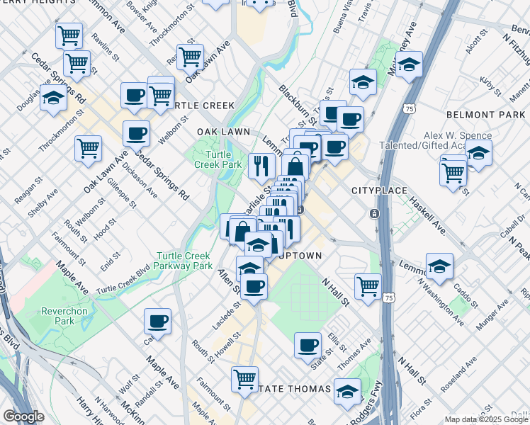 map of restaurants, bars, coffee shops, grocery stores, and more near 3130 North Hall Street in Dallas