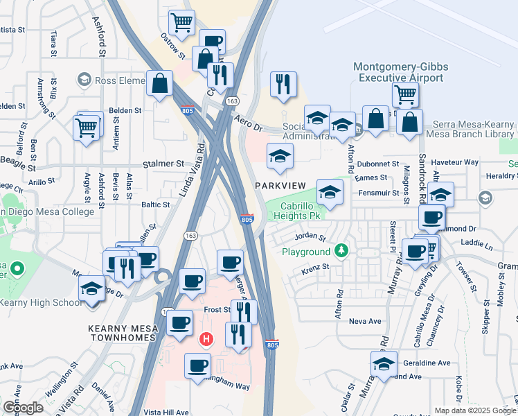 map of restaurants, bars, coffee shops, grocery stores, and more near 3444 Kearny Villa Road in San Diego