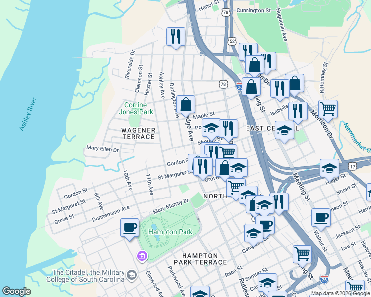 map of restaurants, bars, coffee shops, grocery stores, and more near 2 Gordon Street in Charleston