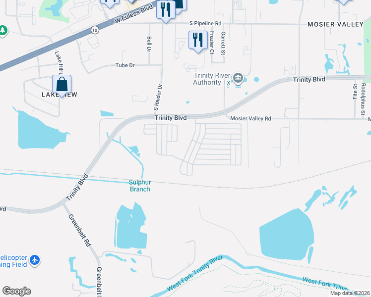 map of restaurants, bars, coffee shops, grocery stores, and more near 3111 Blue Ash Lane in Euless