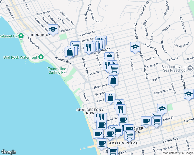 map of restaurants, bars, coffee shops, grocery stores, and more near in San Diego