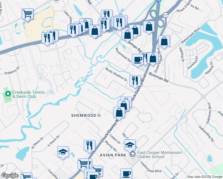 map of restaurants, bars, coffee shops, grocery stores, and more near 1341 Old Tabby Lane in Mount Pleasant