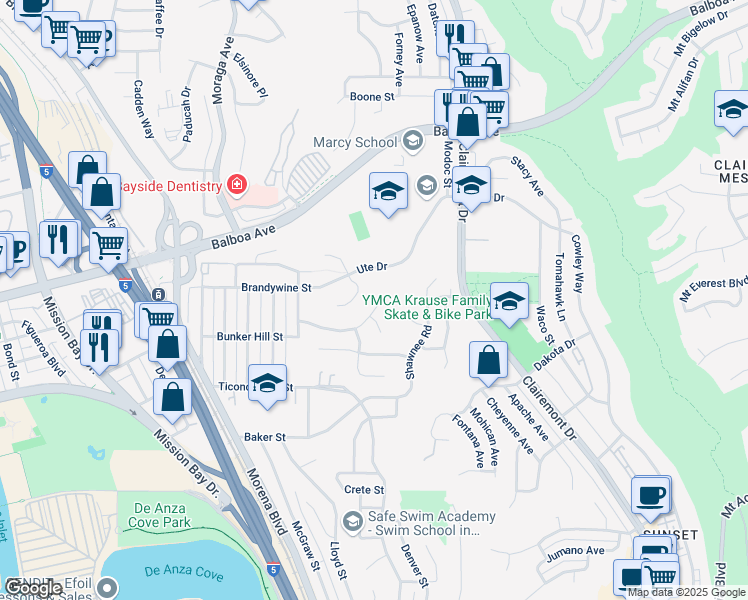 map of restaurants, bars, coffee shops, grocery stores, and more near 4044 Via Del Conquistador in San Diego
