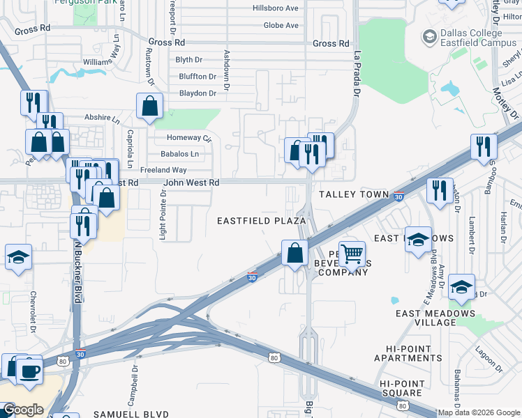 map of restaurants, bars, coffee shops, grocery stores, and more near 2626 John West Road in Mesquite