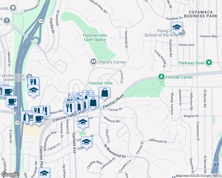 map of restaurants, bars, coffee shops, grocery stores, and more near 751 Hacienda Drive in El Cajon