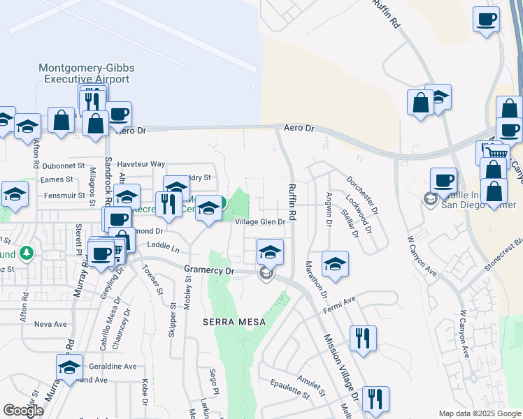 map of restaurants, bars, coffee shops, grocery stores, and more near 3453 Castle Glen Drive in San Diego