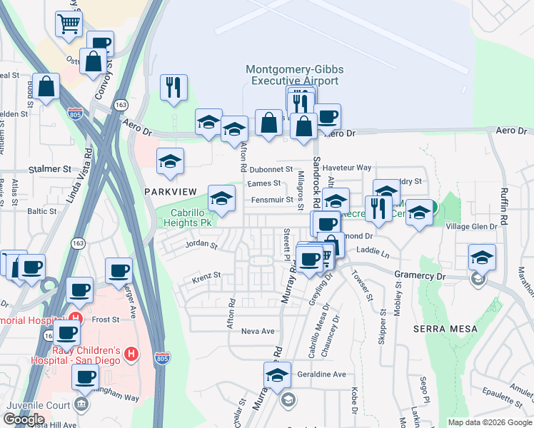 map of restaurants, bars, coffee shops, grocery stores, and more near 8616 Hurlbut Street in San Diego