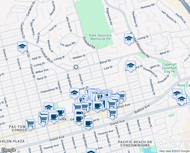 map of restaurants, bars, coffee shops, grocery stores, and more near 1791 Chalcedony Street in San Diego