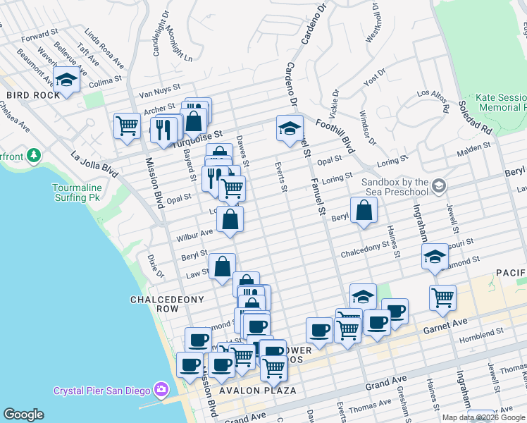 map of restaurants, bars, coffee shops, grocery stores, and more near 1103 Wilbur Avenue in San Diego