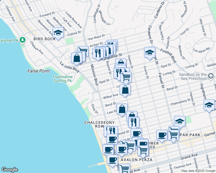 map of restaurants, bars, coffee shops, grocery stores, and more near in San Diego