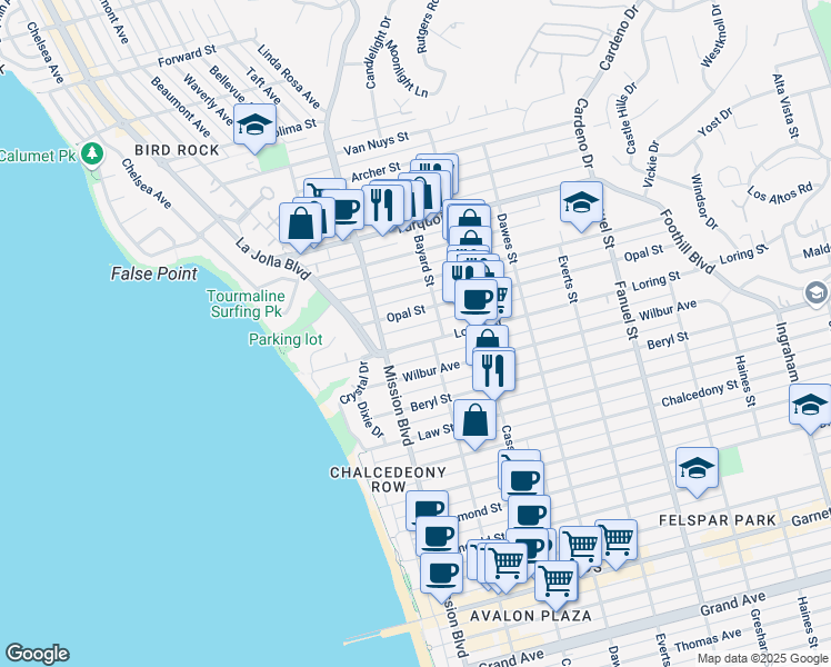 map of restaurants, bars, coffee shops, grocery stores, and more near in San Diego