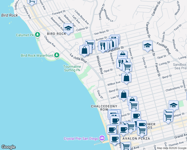 map of restaurants, bars, coffee shops, grocery stores, and more near 670 Loring Street in San Diego