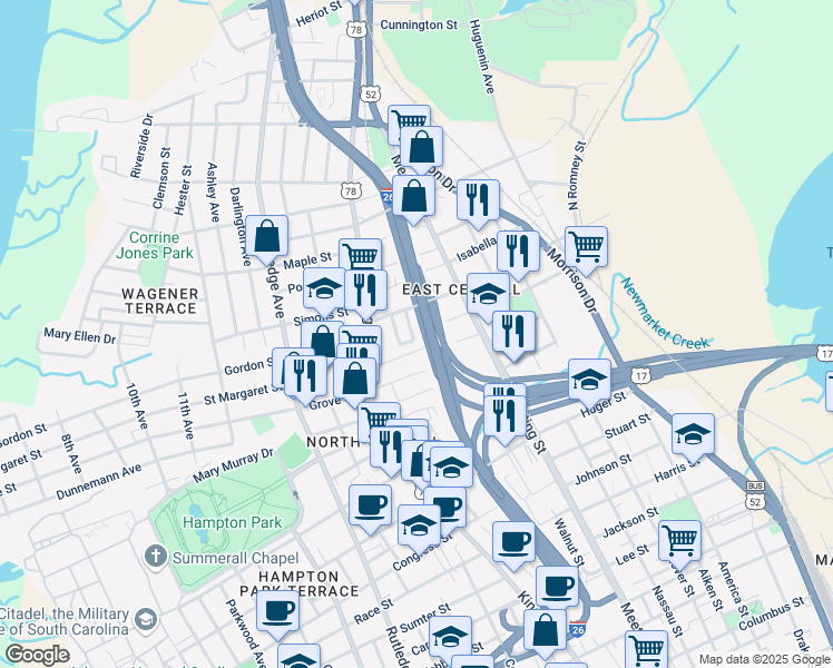 map of restaurants, bars, coffee shops, grocery stores, and more near 27 Poinsett Street in Charleston