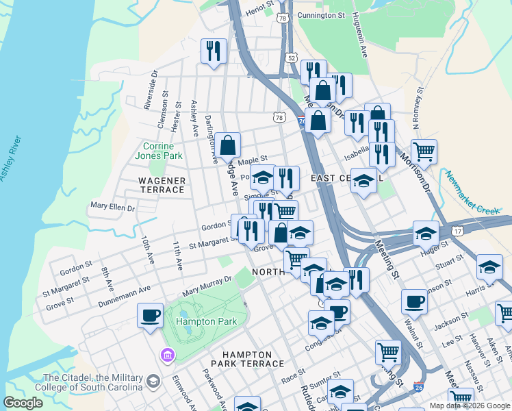 map of restaurants, bars, coffee shops, grocery stores, and more near 6 Paige Court in Charleston