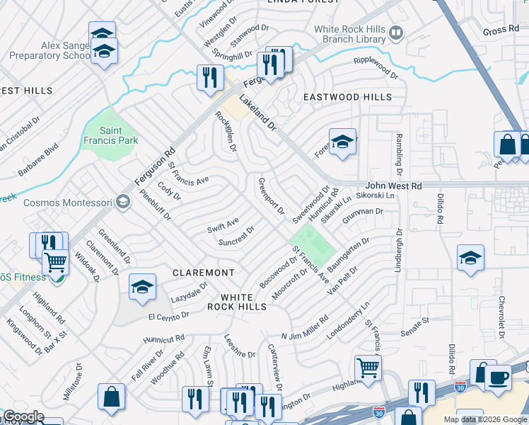 map of restaurants, bars, coffee shops, grocery stores, and more near 2554 Saint Francis Avenue in Dallas