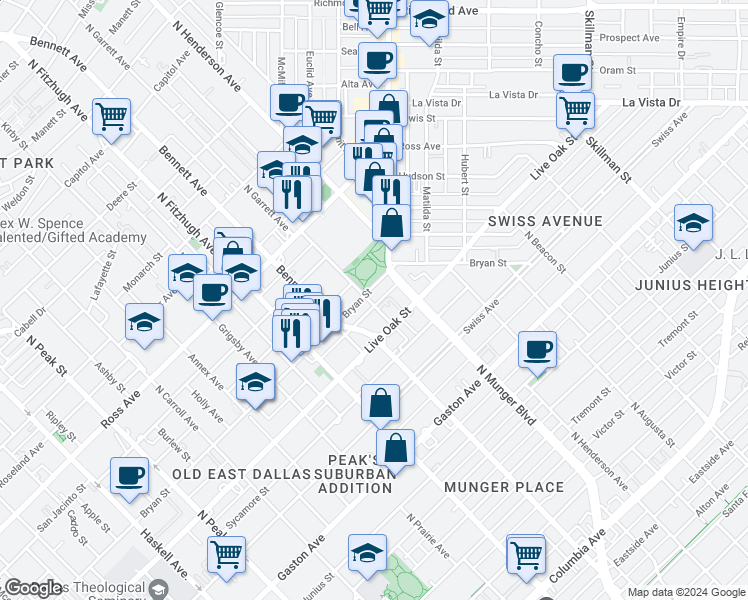 map of restaurants, bars, coffee shops, grocery stores, and more near 5027 Live Oak Street in Dallas