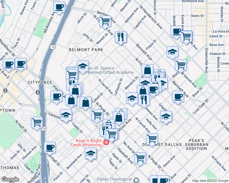 map of restaurants, bars, coffee shops, grocery stores, and more near 2007 North Carroll Avenue in Dallas