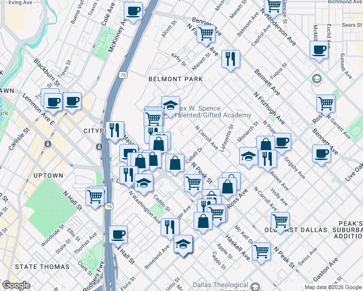 map of restaurants, bars, coffee shops, grocery stores, and more near 2202 North Peak Street in Dallas