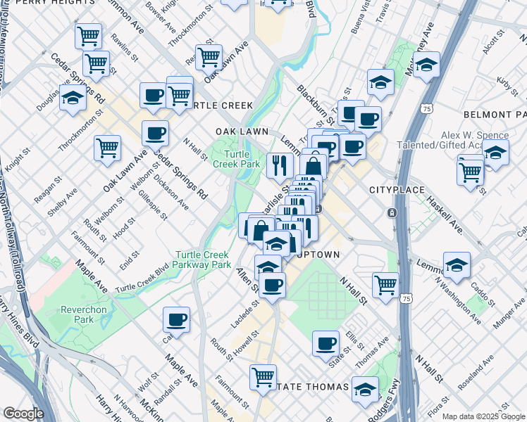 map of restaurants, bars, coffee shops, grocery stores, and more near in Dallas