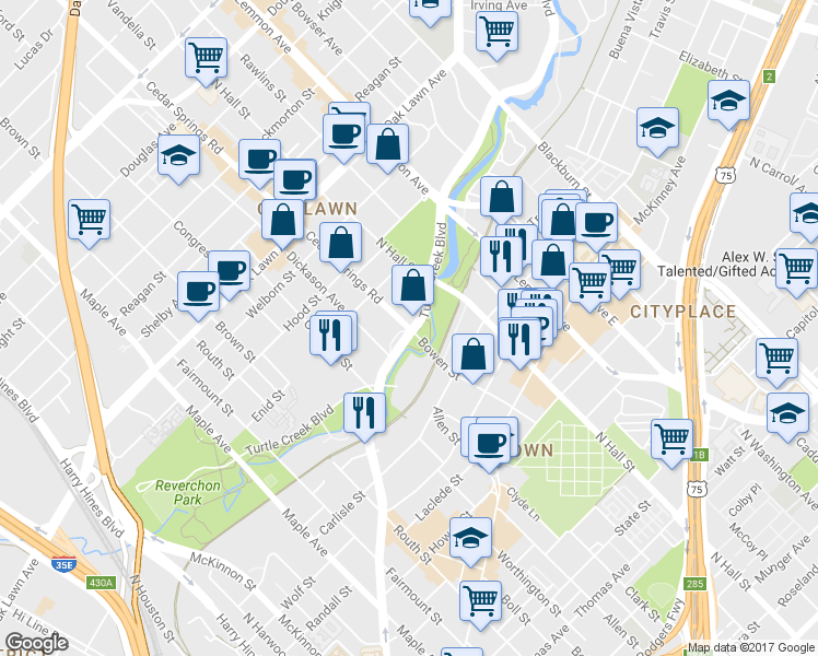 map of restaurants, bars, coffee shops, grocery stores, and more near 3026 Turtle Creek Trail in Dallas