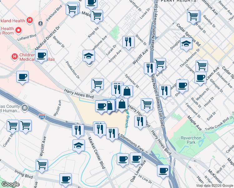 map of restaurants, bars, coffee shops, grocery stores, and more near 4250-4298 Harry Hines Boulevard in Dallas