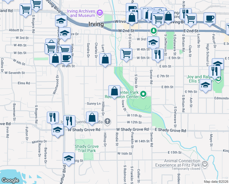 map of restaurants, bars, coffee shops, grocery stores, and more near 916 Hilltop Drive in Irving