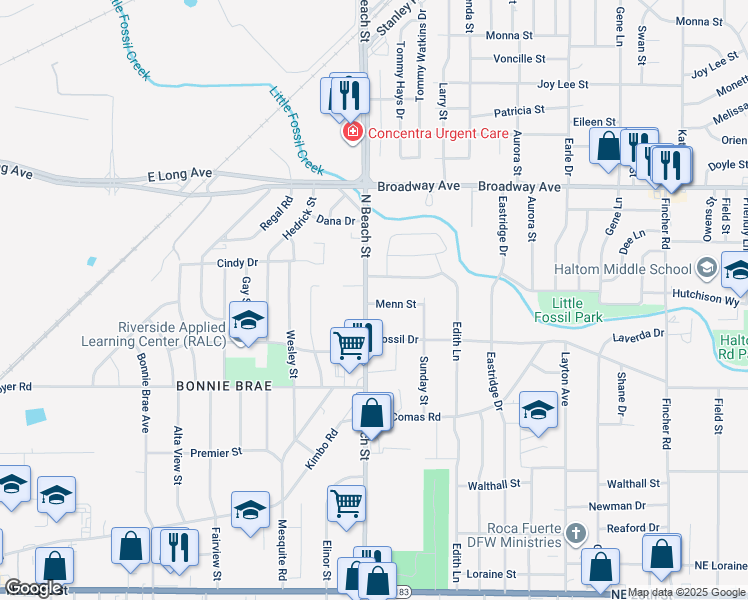 map of restaurants, bars, coffee shops, grocery stores, and more near 3406 North Beach Street in Haltom City
