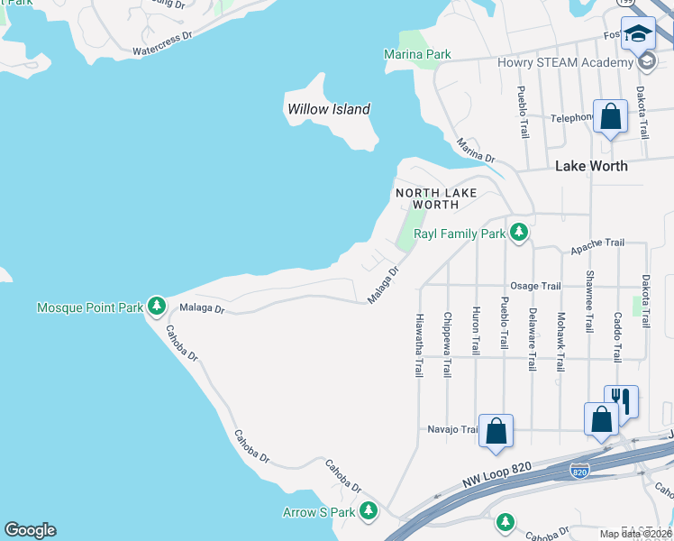 map of restaurants, bars, coffee shops, grocery stores, and more near 8028 Malaga Drive in Fort Worth