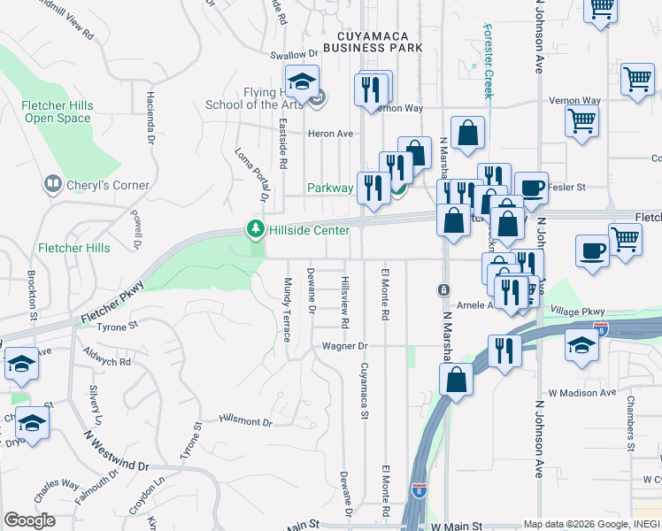 map of restaurants, bars, coffee shops, grocery stores, and more near 741 Hillsview Road in El Cajon