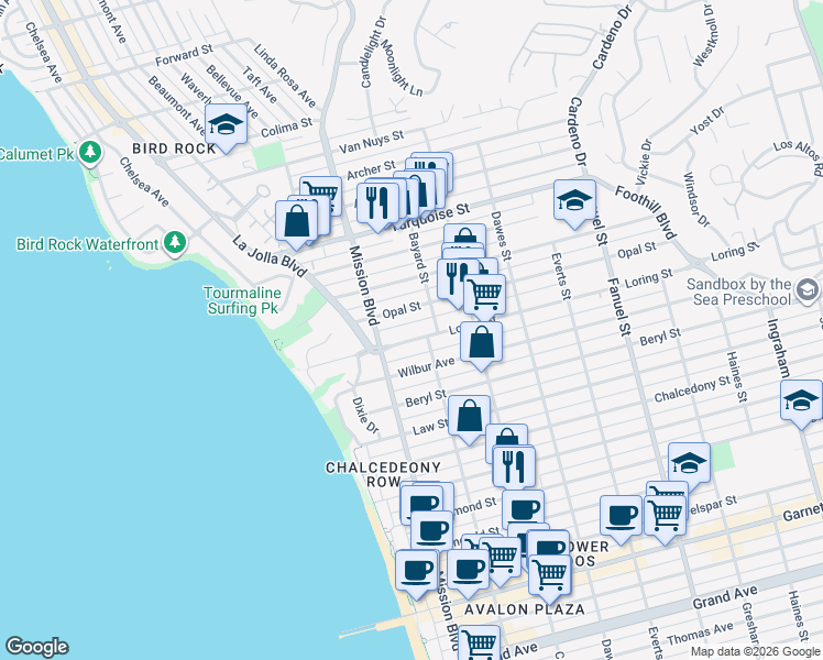 map of restaurants, bars, coffee shops, grocery stores, and more near 867 Loring Street in San Diego