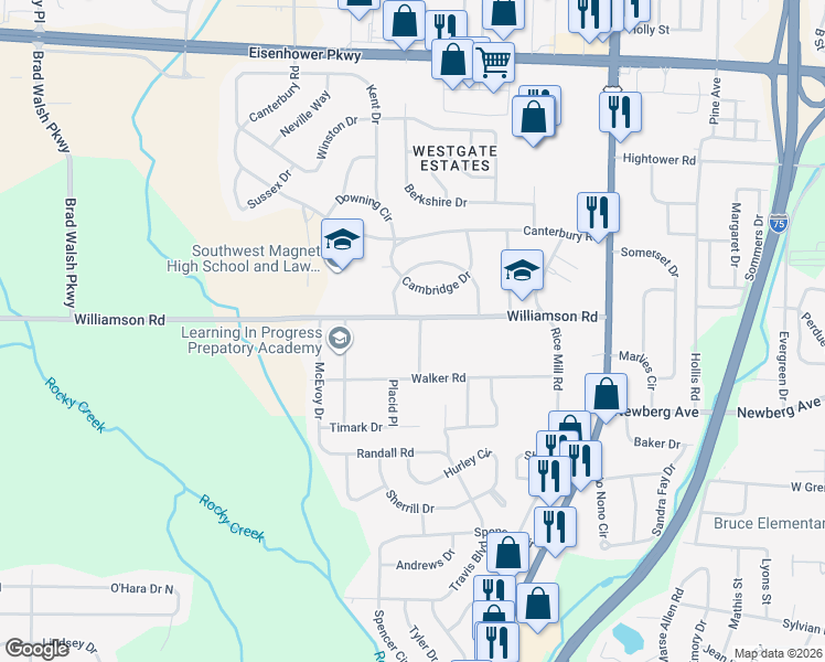 map of restaurants, bars, coffee shops, grocery stores, and more near 1624 Williamson Road in Macon