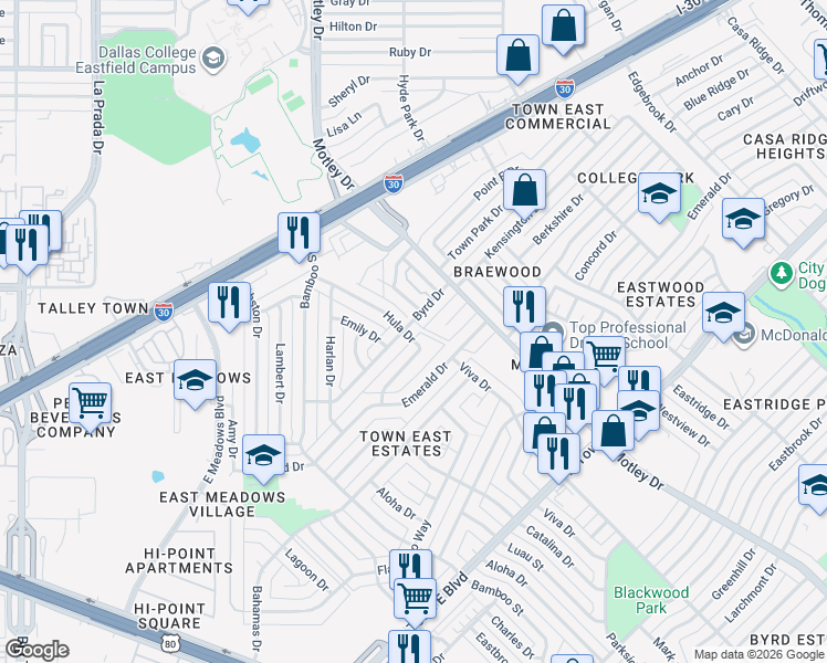 map of restaurants, bars, coffee shops, grocery stores, and more near 3122 Hula Drive in Mesquite