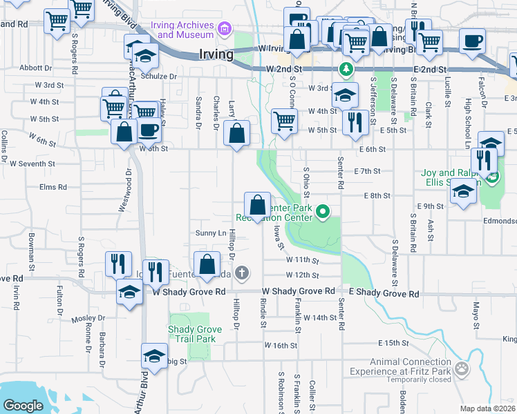 map of restaurants, bars, coffee shops, grocery stores, and more near 916 Hilltop Drive in Irving